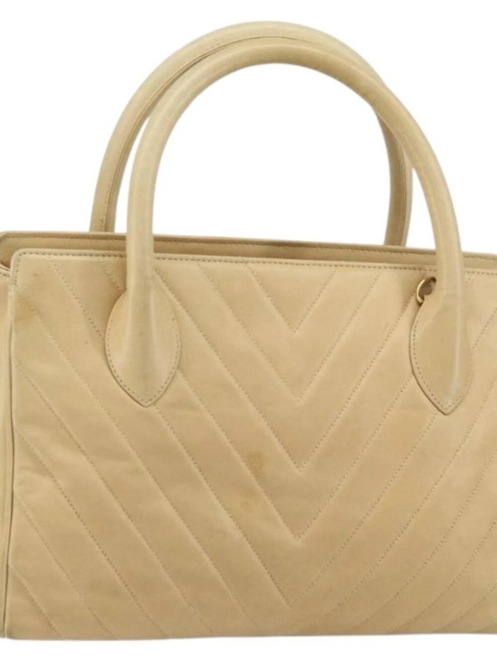 CHANEL V Stitch Hand Bag Leather Beige Gold CC Auth BA9348